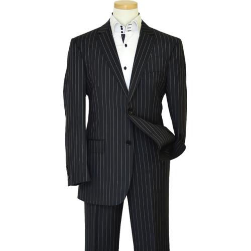 Bertolini Black With White Pinstripes Wool & Silk Blend Super 140'S Suit 79001